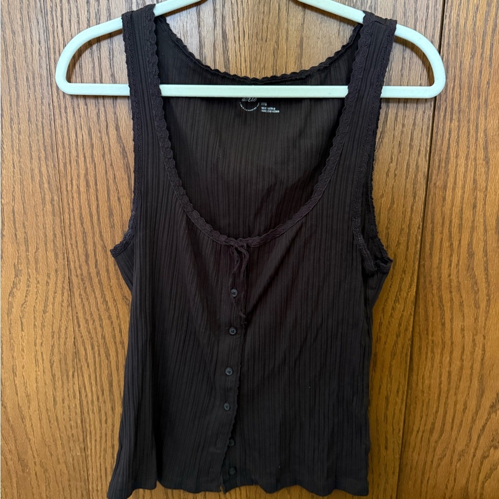 aerie brown Ribbed Button-Front Tank with Scalloped Trim